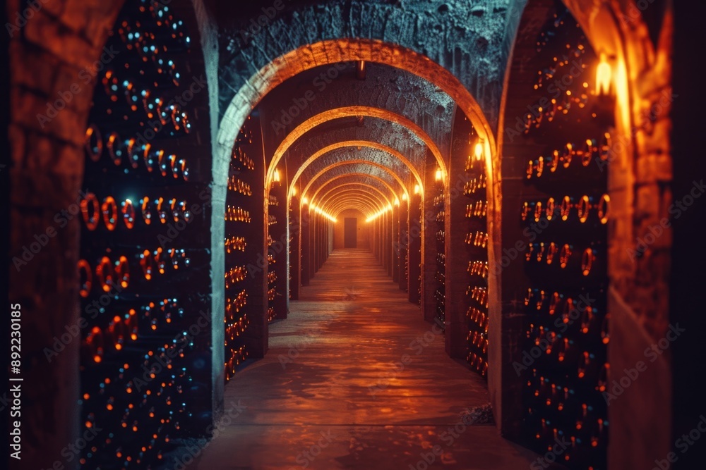 Poster A dark and intimate setting with wine bottles lining the walls of a dimly lit tunnel