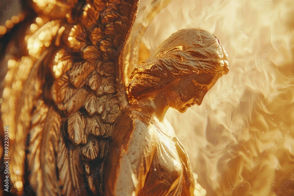 Poster a statue of an angel with a golden glow in the background
