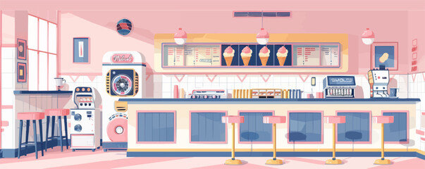 Vintage ice cream parlor with a retro jukebox Vector flat minimalistic isolated illustration
