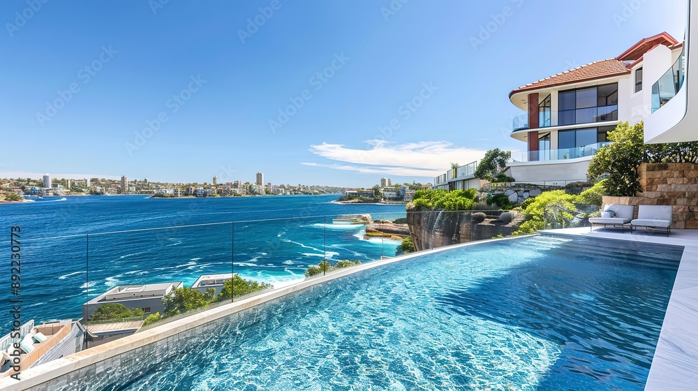 Poster Sydney. Oceanview swimming pool in a real estate next to azure waters.