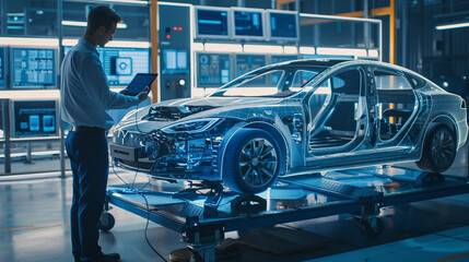 The engineer is monitoring the production of electric vehicle components.