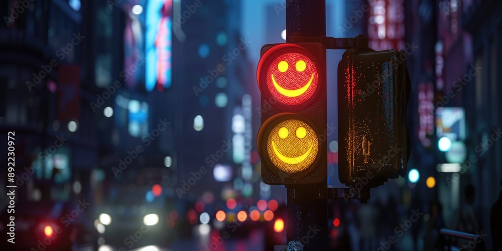 Poster a traffic light with a smiling face, suitable for use in illustrations, cartoons, or graphics