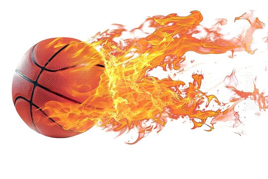 A basketball engulfed in fiery orange and yellow flames the heat of competition burning bright