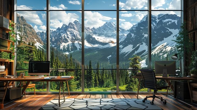 Scenic mountain room Online webinar Zoom meeting home office background. --ar 16:9 Job ID: 28ced6d5-6904-4841-861c-63e489de864f