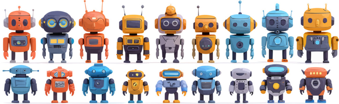 Toy robots on a white background. Vector flat minimalistic isolated illustration.