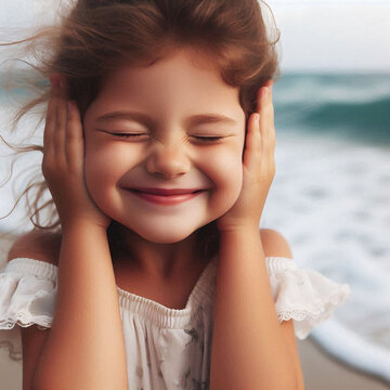 a cute girl whose ears are covered