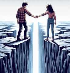 A couple in love, holding hands, are separated by a deep gorge.