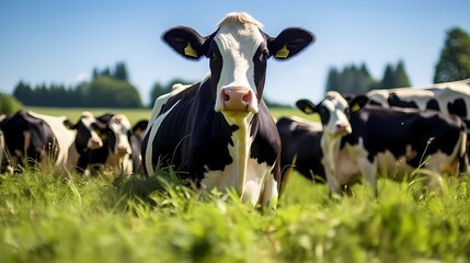 Cows grazing in a picturesque green field with mountains and a village in the background