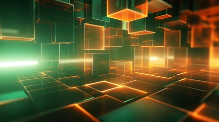 3d rendering of green and orange abstract geometric background. Scene for advertising, technology, showcase, banner, game, sport, cosmetic, business, metaverse. Sci-Fi Illustration. Product display