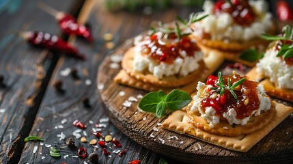 Tasty cracker with jam made from chili caps and cottage cheese
