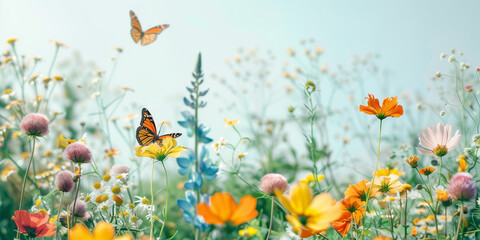 vibrant flowers and delicate butterflies. Spring background with pink yellow blossom and fly butterfly. Beautiful nature scene with blooming sun flare