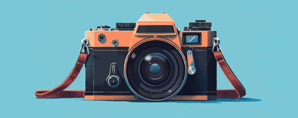 Vintage film camera with a leather strap and adjustable lens Vector flat minimalistic isolated illustration
