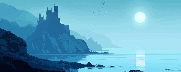 A mystical castle shrouded in fog on a rocky cliff overlooking the sea. Vector flat minimalistic isolated illustration