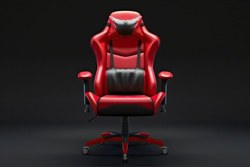 A red and black gaming chair with a headrest and lumbar support stands isolated against a dark background