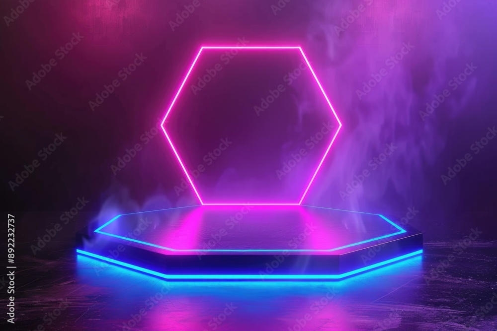 Poster neon sign with pink and blue lights in a dark room, perfect for use as background or to add atmosphe
