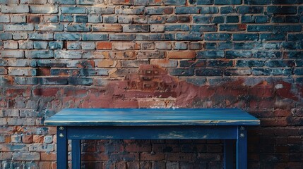 Unlabeled street sign Blue table against brick backdrop Authentic mock up for text