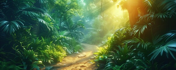 Obraz premium A dense jungle with towering trees and lush greenery, sunlight filtering through the canopy