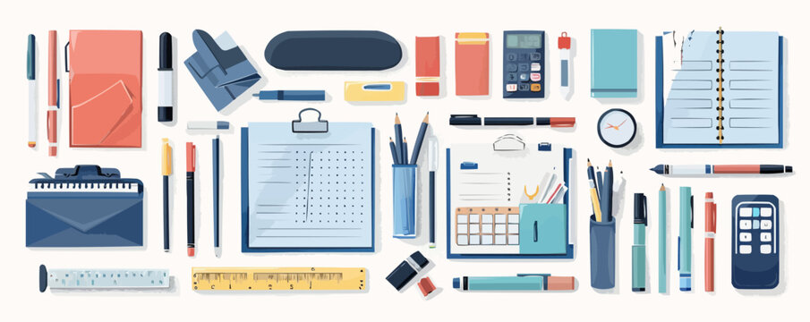 Office supplies and paperwork organized on a plain white backdrop. Vector flat isolated illustration.