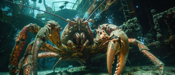 Majestic Giant Lobster and King Crab in Clear Underwater Scene with Shipwreck Background