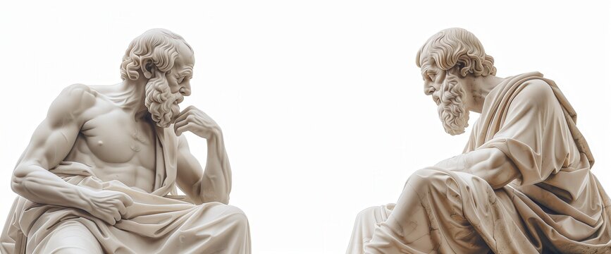 Two ancient Greek statues of Socrates and Plato in thinking poses against a white background