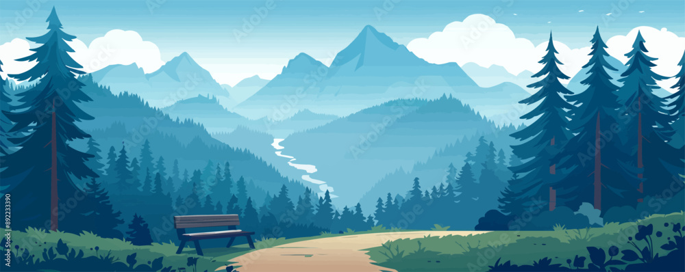 Wall mural Serene mountain landscape with pine trees and a winding path Vector flat minimalistic isolated illustration