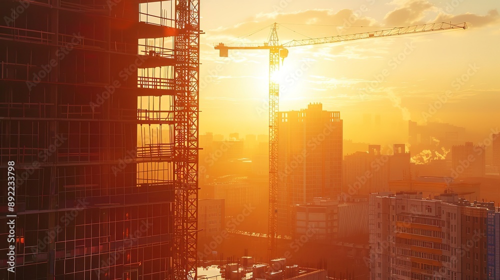 Sticker Building under construction, crane and building construction site on sunset daytime, industrial development 