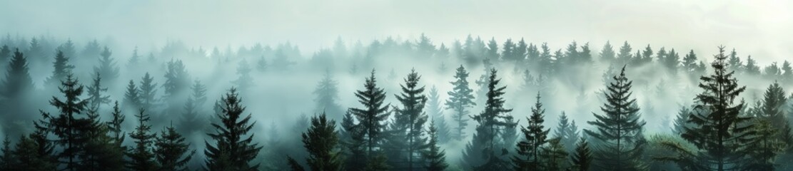 panoramic view of a misty pine forest, high resolution