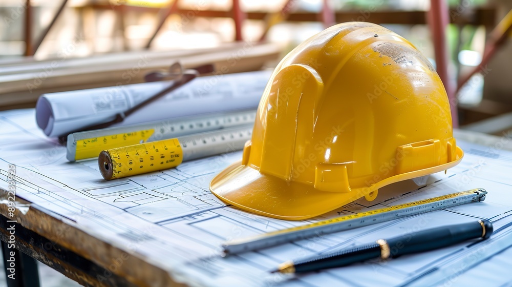 Wall mural Yellow hard safety helmet and blueprint, pen, ruler, protractor, and tape measure on a table at a construction site, for the safety project of a workman as an engineer or worker 