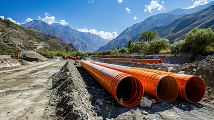 Large orange pipes on a construction site with a mountainous backdrop. 