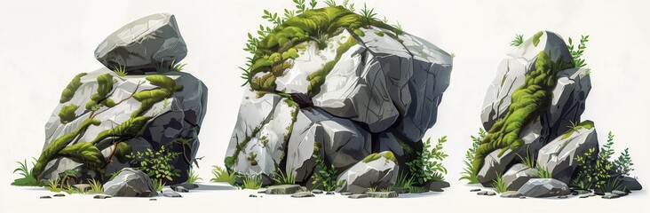 3 different rocks with moss on them, on a white background, in the 2D game art style