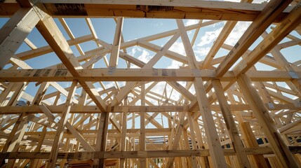 Obraz premium The wooden frame of a house under construction.
