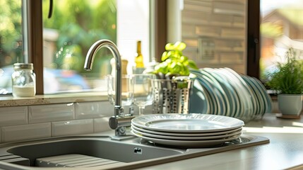 Set of clean dishes near kitchen sink on counter