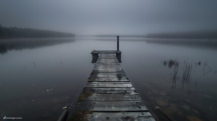 Fototapeta premium The dock made of wood sticks out into the still cloudy lake