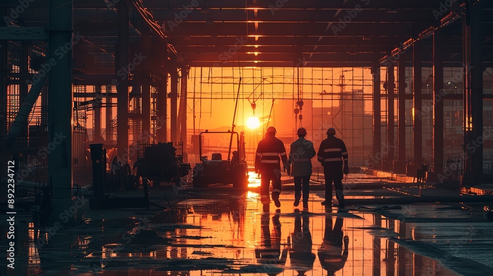 Sticker Construction Workers Walking at Sunset on Urban Site