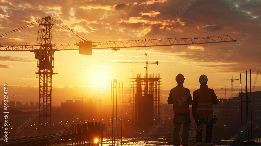 Poster Two construction workers wearing helmets stand on a building site at sunset, observing progress amidst cranes and unfinished structures. 