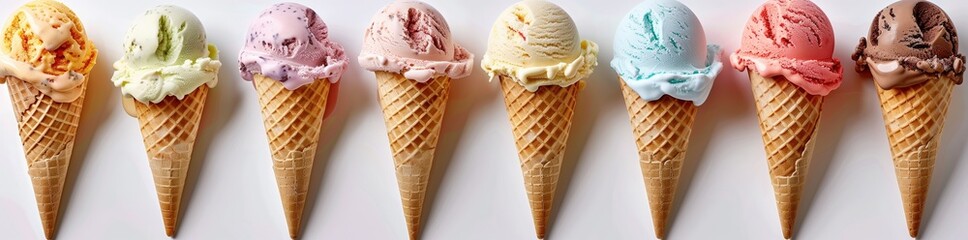 A variety of ice cream cones isolated on a white background, with different colors and textures