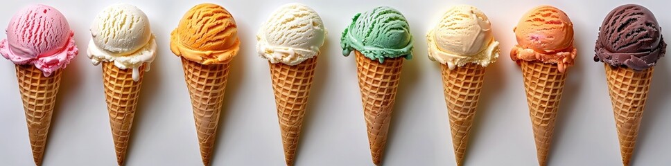 A variety of ice cream cones with different flavors and colors isolated on a white background