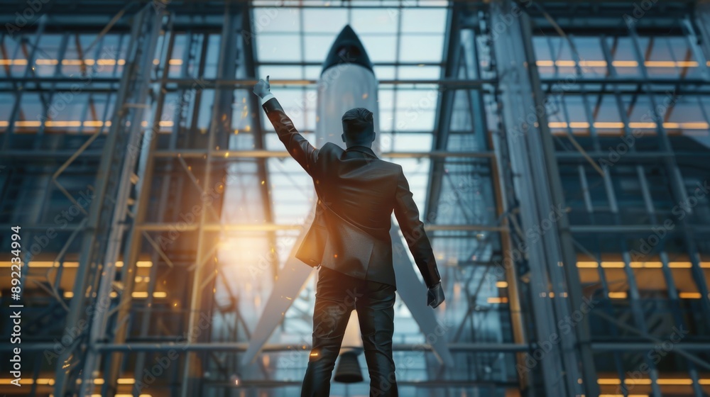 Poster A statue of a man in a suit standing in front of a building