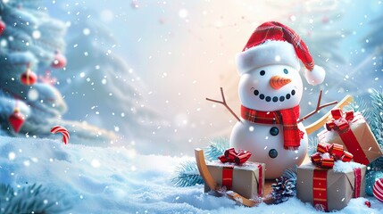 Smiling snowman with sled and gifts on snowy Chistmas background
