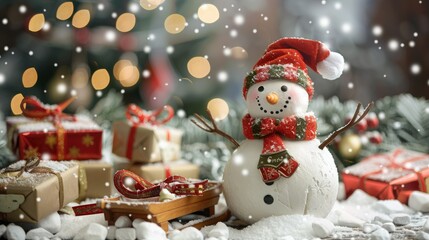 Smiling snowman with sled and gifts on snowy Chistmas background