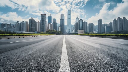 A broad highway leads towards a modern city skyline under a partly cloudy sky The image captures diverse skyscrapers and lush greenery lining the road with an empty road stretching out symmetrically