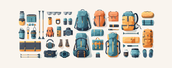 Outdoor adventure gear and hiking essentials on a clean white surface. Vector flat isolated illustration.
