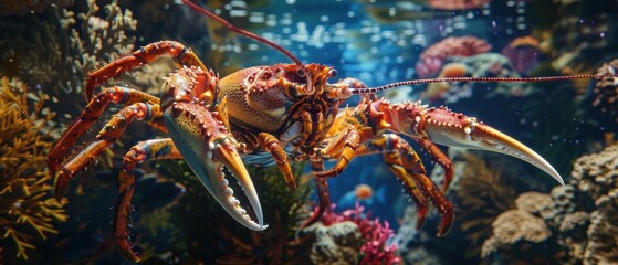 Underwater Close-up of Giant Lobster and King Crab Surrounded by Colorful Marine Life in Detailed