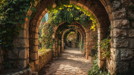 A series of old stone archways with vines growing over them in a historical setting.