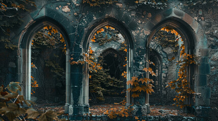 A series of old stone archways with vines growing over them in a historical setting.