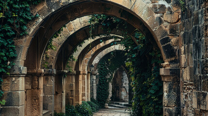 Naklejka premium A series of old stone archways with vines growing over them in a historical setting.