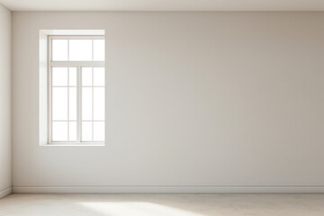 Fototapeta premium Large window in an empty luxury apartment room with no furniture and copy space. Residential interiors design composition mockup image. 28
