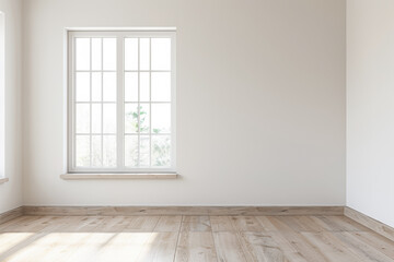 Large window in an empty luxury apartment room with no furniture and copy space. Residential interiors design composition mockup image. 28