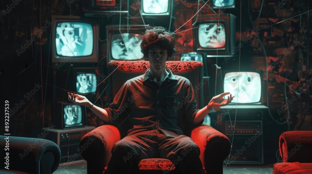 Aufkleber A person sitting in front of multiple TVs with various channels playing