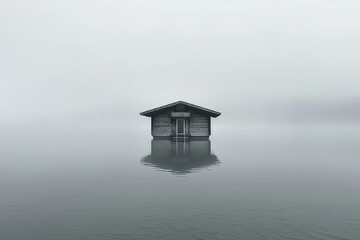 A Small Wooden Cabin Rests on Still Water in a Foggy Landscape